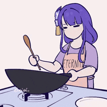 a cartoon girl is cooking in a wok on a stove .