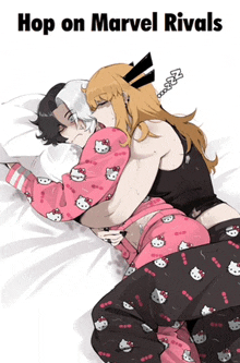 a couple laying on a bed with the text hop on marvel rivals