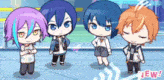 a group of four anime characters are standing next to each other on a street .