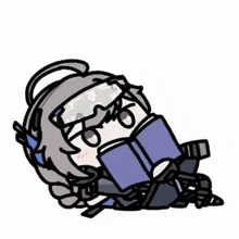 a cartoon drawing of a girl reading a book with the words " neverm i dr " written above her