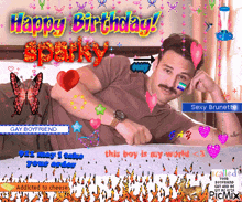 a happy birthday greeting card with a man laying in bed