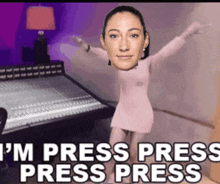 a woman in a pink dress is standing in front of a sound board and says i 'm press press press
