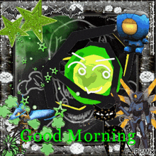 a picture of a black cat with a green face and the words good morning