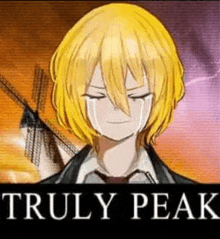 a man with yellow hair is crying with a windmill in the background and the words `` truly peak '' .