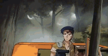 a man is holding a gun in a cartoon while standing in the woods .