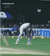 a man is playing cricket on a field with a bat and a sign that says cem on it .