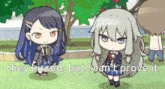 two anime girls standing next to each other with the words they kissed but i can t prove it