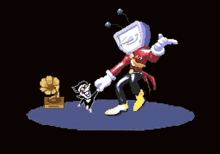 a pixel art drawing of a man with a tv head