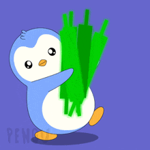 a blue and white penguin is holding a green stick with the word penguin on the bottom