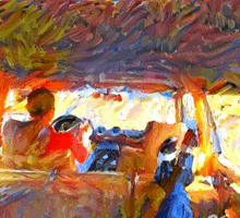 a colorful painting of a person sitting in a chair