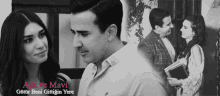 a black and white photo of a man and a woman with the words aşk ve mavi