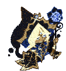 a cartoon character with blonde hair is wearing a blue and gold outfit and holding a blue flower .