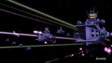 a purple space ship from sunrise is flying through space