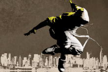 a person is jumping in the air with a city skyline behind them