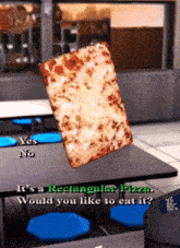 a slice of rectangular pizza is on a table in a cafeteria