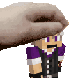 a pixel art of a person wearing a hat and a purple shirt being scratched by a cat .