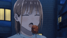 a girl with brown hair is eating a piece of food
