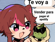 a cartoon of a girl holding a frog with a speech bubble that says te voy a