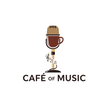 a logo for cafe of music shows a microphone with a cup of coffee on it