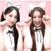 two girls wearing cat ears are posing for a picture together