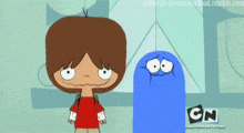 a cartoon of a boy standing next to a blue cartoon character that says cn