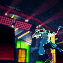 a cartoon character is dancing in a dark room with neon lights