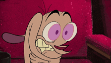 a cartoon character with purple eyes making a face
