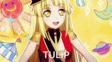 a blonde anime girl with the name tulip written on her chest