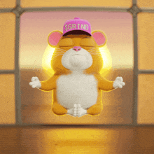 a cartoon mouse wearing a purple hat that says grind