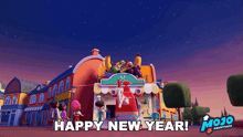 a happy new year greeting from mojo shoptops is displayed