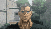 a man in a black shirt is looking at the camera with a serious look on his face