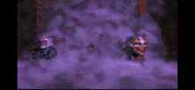 a group of clowns are standing in a foggy room .