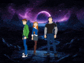 three cartoon characters standing next to each other with a purple planet in the background