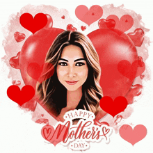 a happy mother 's day card with a woman 's face in a heart surrounded by red hearts