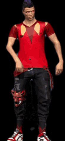 a man wearing a red shirt and black pants has the number 10 on his chest