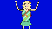 a cartoon drawing of a woman with a hot dog on her shirt