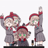 a group of girls are standing in front of a microphone and one girl is giving the middle finger