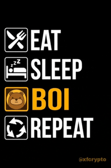a poster that says eat sleep boi repeat with a teddy bear on it .