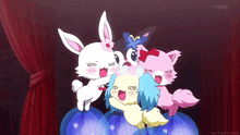 three cartoon characters are standing next to each other in front of a tv screen that says tvtokyo 50