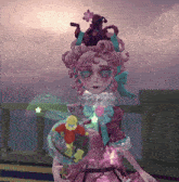 a girl in a pink dress with a purple hat on her head