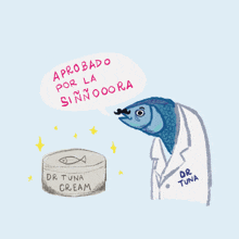 a cartoon of a fish with a mustache standing next to a can of dr tuna cream