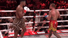two boxers are fighting in a boxing ring with kfc written on the ropes