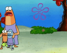 a cartoon of a fish holding a child with a flower in the background .