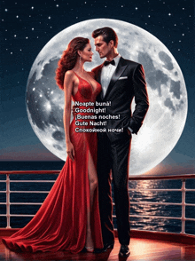 a man in a suit and a woman in a red dress are standing in front of a full moon