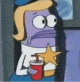 a cartoon character is holding a star and a drink
