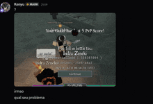 a screenshot of a video game that says you fell in battle to indru zeneki