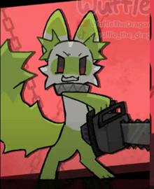 a cartoon drawing of a fox holding a chainsaw with the words " waffle the dragon " on the bottom