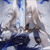 a woman with long blonde hair is holding a sword in her hand
