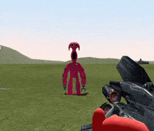 a person holding a gun in front of a pink monster in a video game