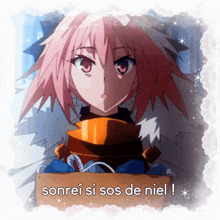 a picture of a girl with pink hair and the words sonrei si sos de niel below her